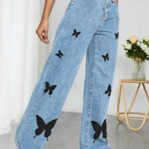 2023 Automne FjHigh Taille Papillon Imprimer Y2K Jeans Pour Femmes Mode At Denim Droite Jambe Pantalon Casual Vêtements XS-L